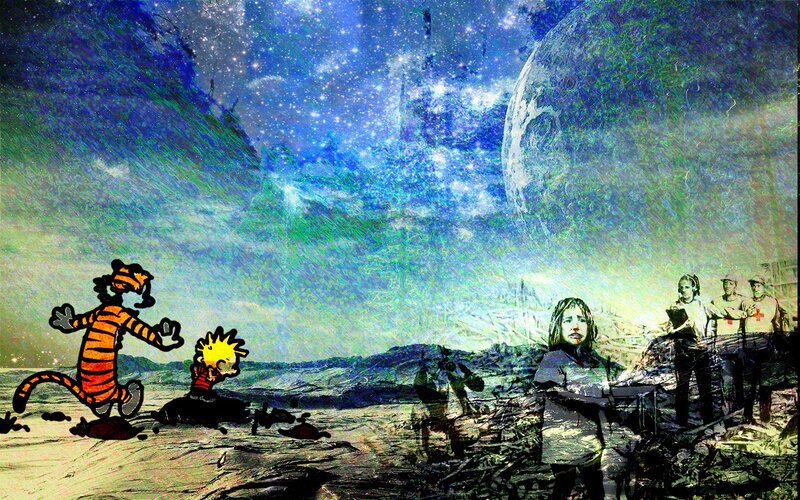 Calvin and Hobbes in a surreal landscape