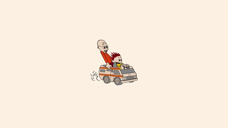 Calvin and Hobbes in a toy van