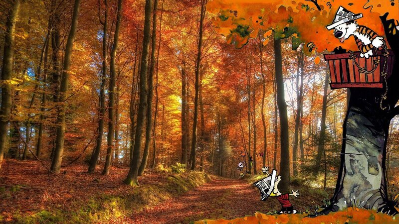 Calvin and Hobbes in autumn forest