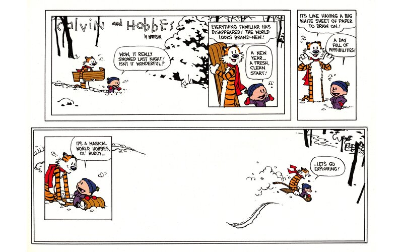 Calvin and Hobbes in Snow — Black, Playful, Winter, Comic, Tiger