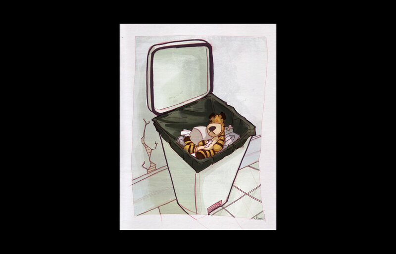 Calvin and Hobbes in trash can