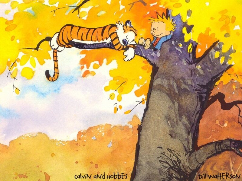 Calvin and Hobbes in Tree — Yellow, Peaceful
