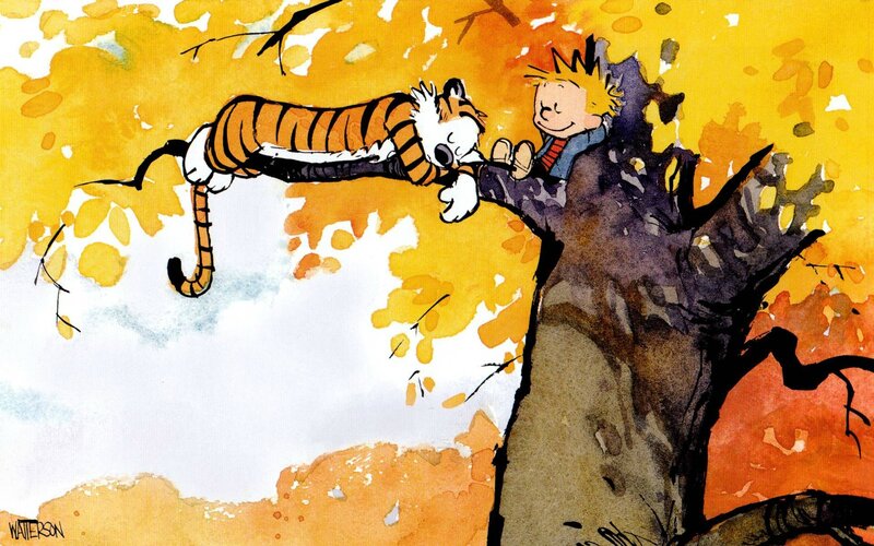 Calvin and Hobbes in Tree — Yellow, Playful