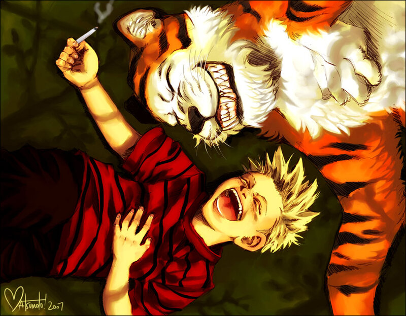 Calvin and Hobbes laughing