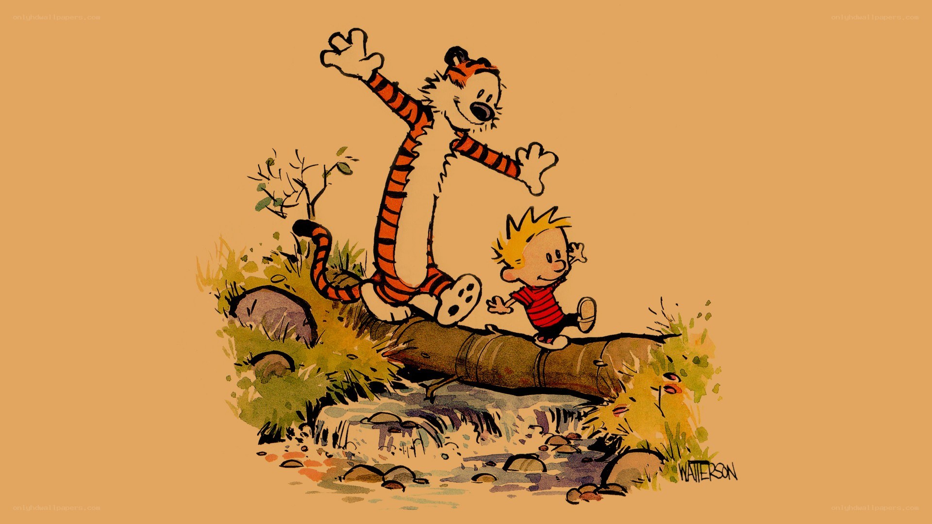 Calvin and Hobbes on a log