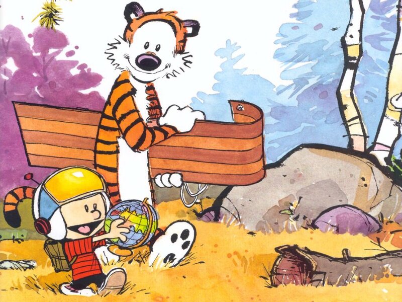 Calvin and Hobbes outdoors