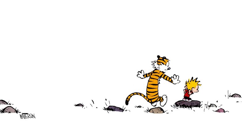 Calvin and Hobbes Running — Yellow, Playful, Comic, Tiger, Boy, Rocks, Orange