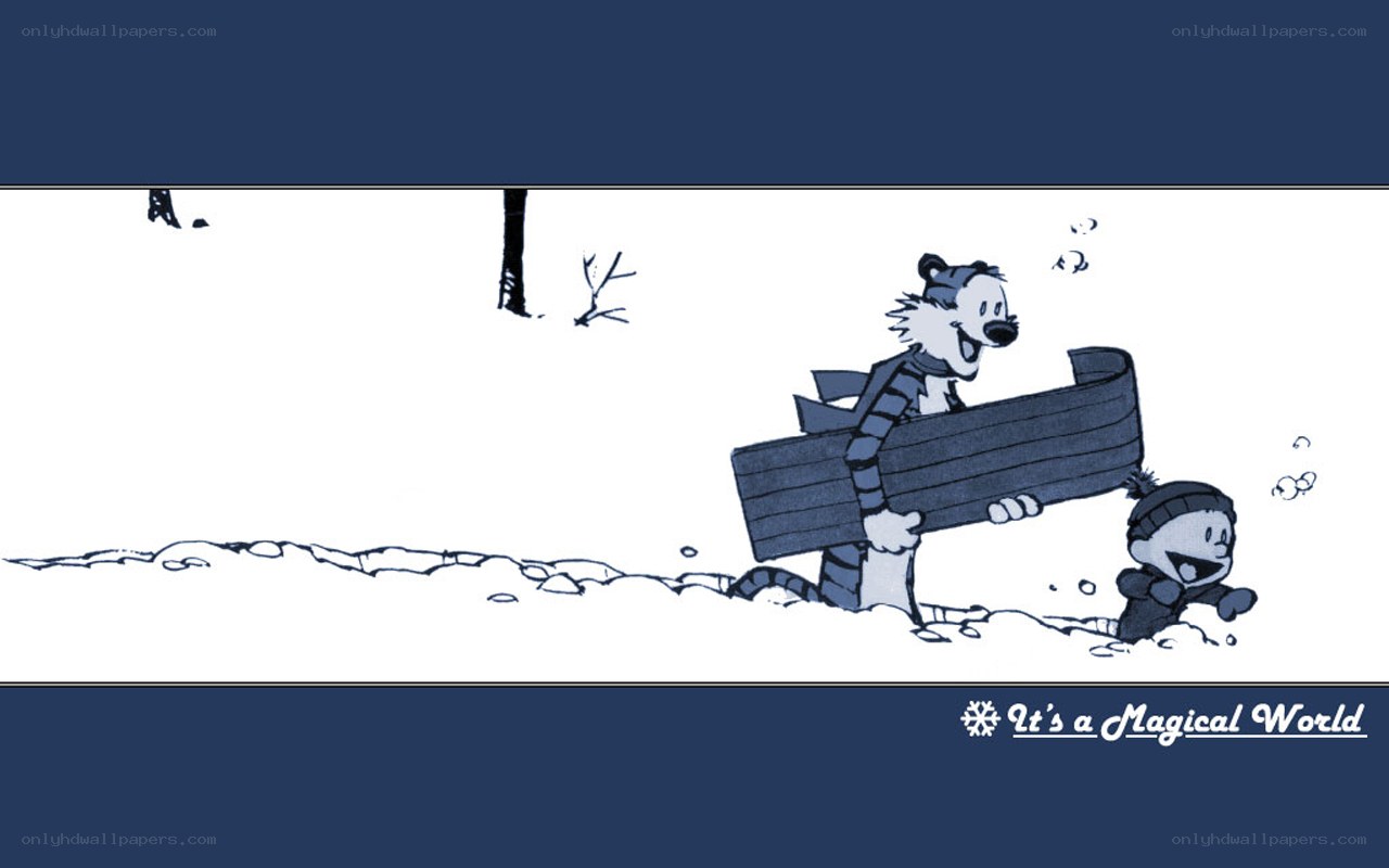 Calvin and Hobbes sledding