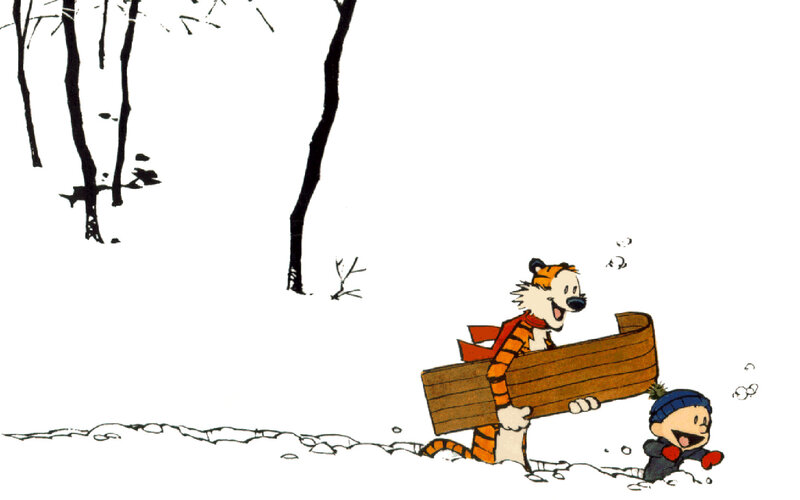 Calvin and Hobbes sledding