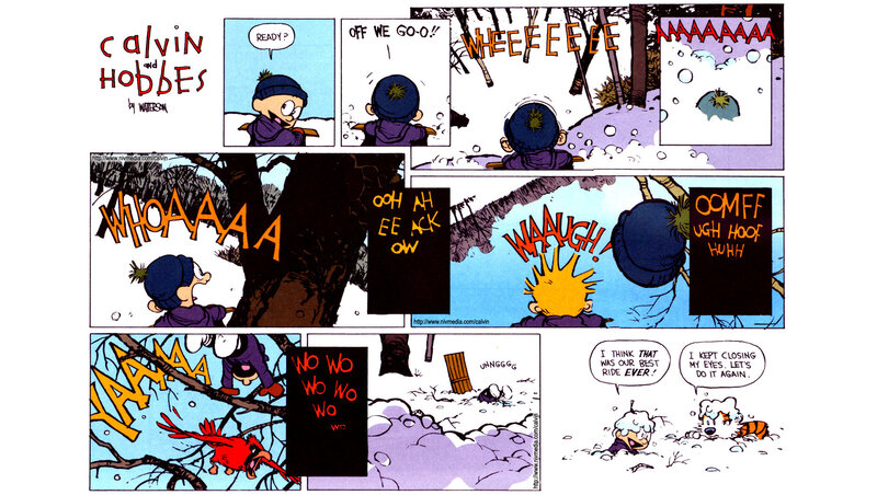 Calvin and Hobbes sledding