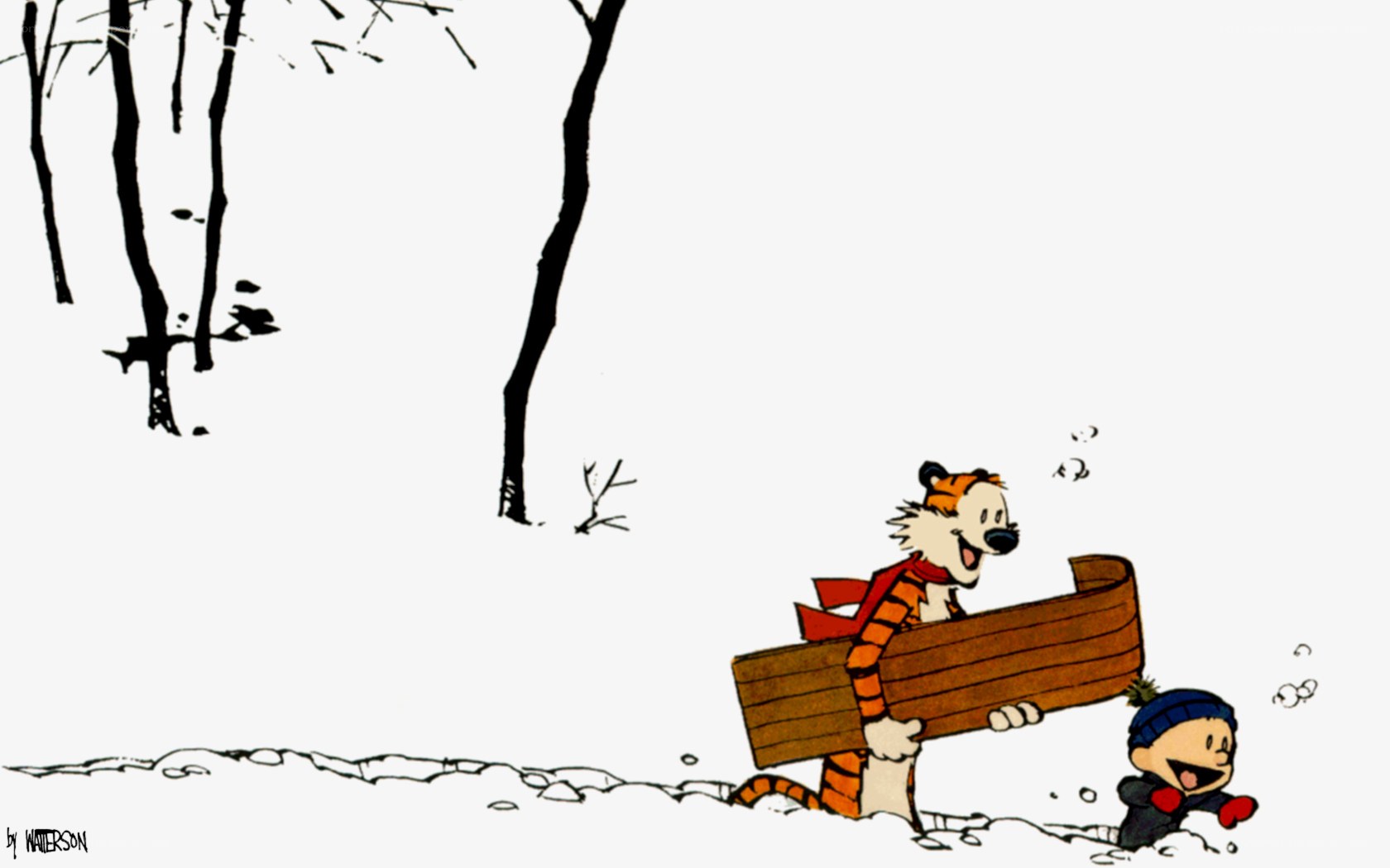 Calvin and Hobbes sledding