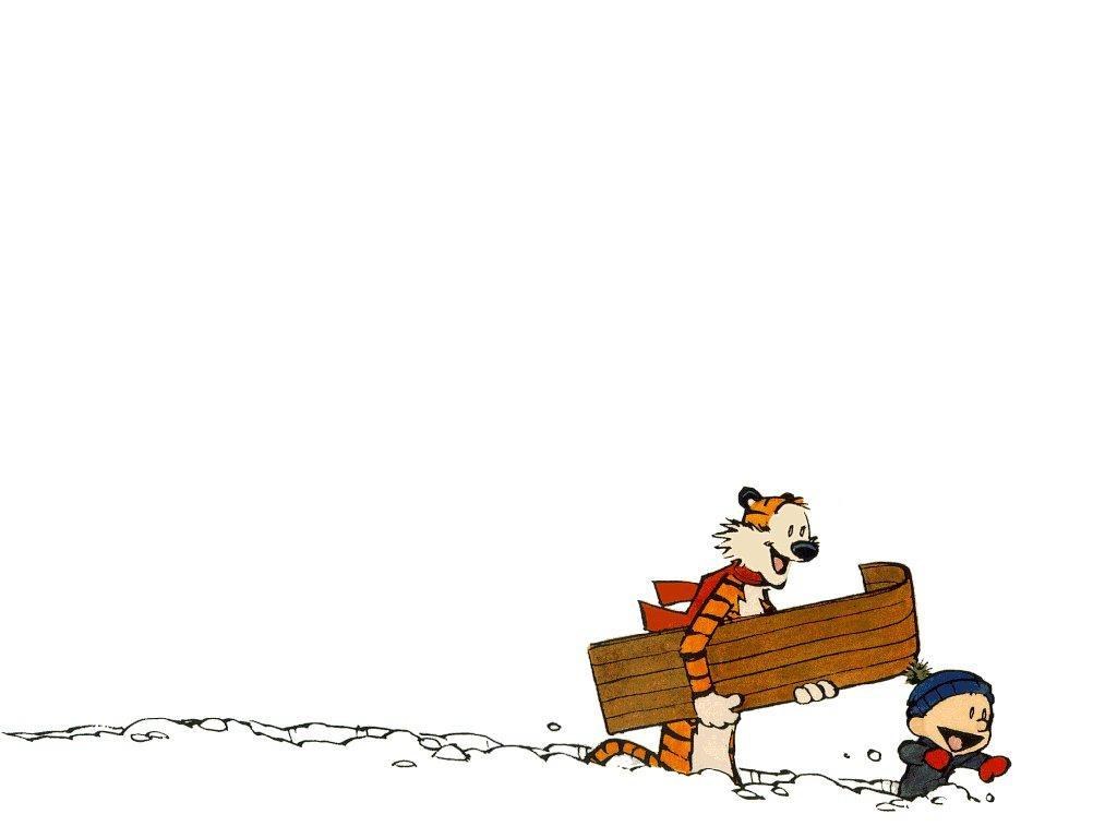 Calvin and Hobbes sledding