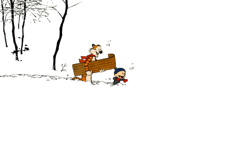 Calvin and Hobbes sledding