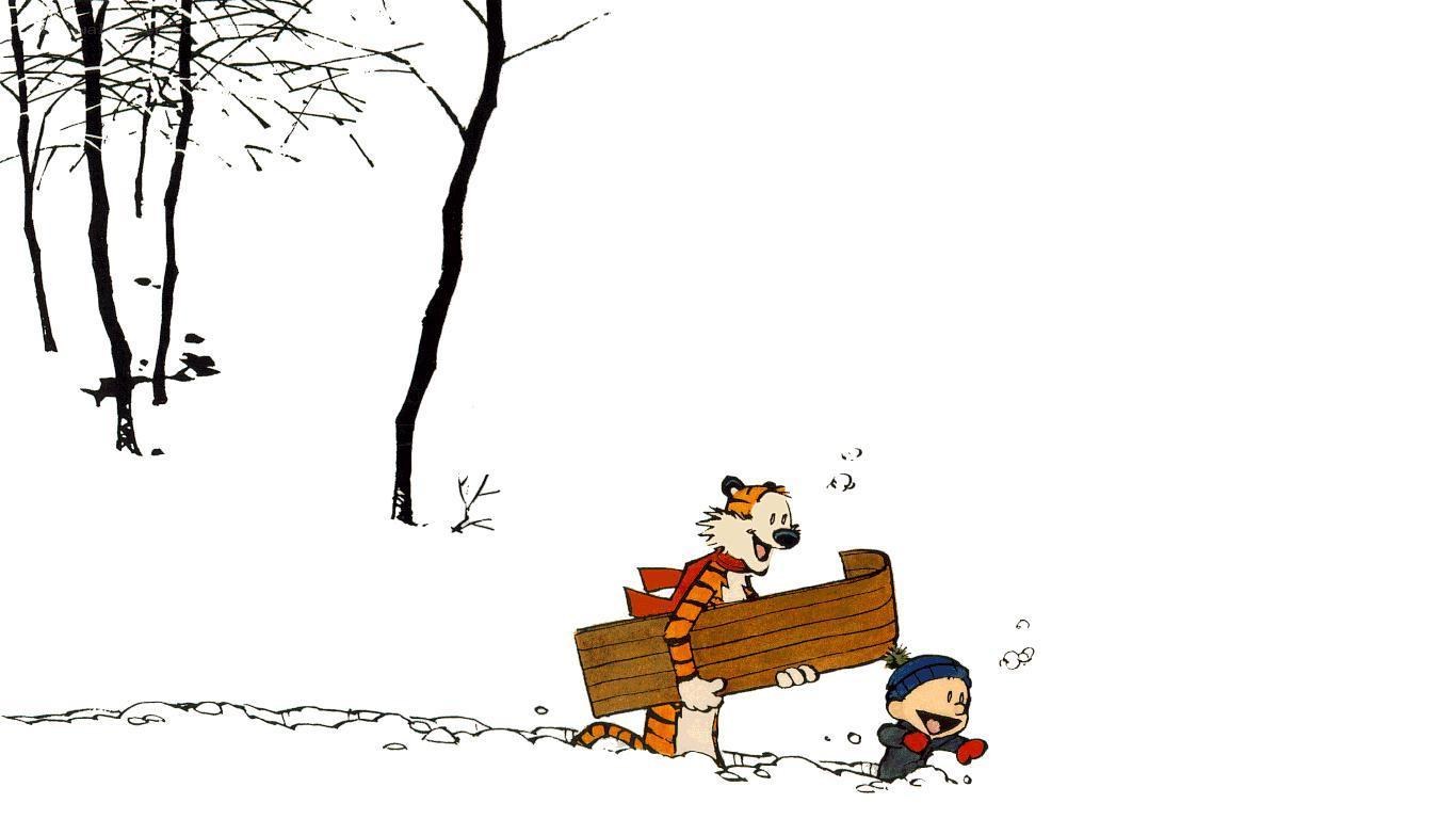 Calvin and Hobbes sledding