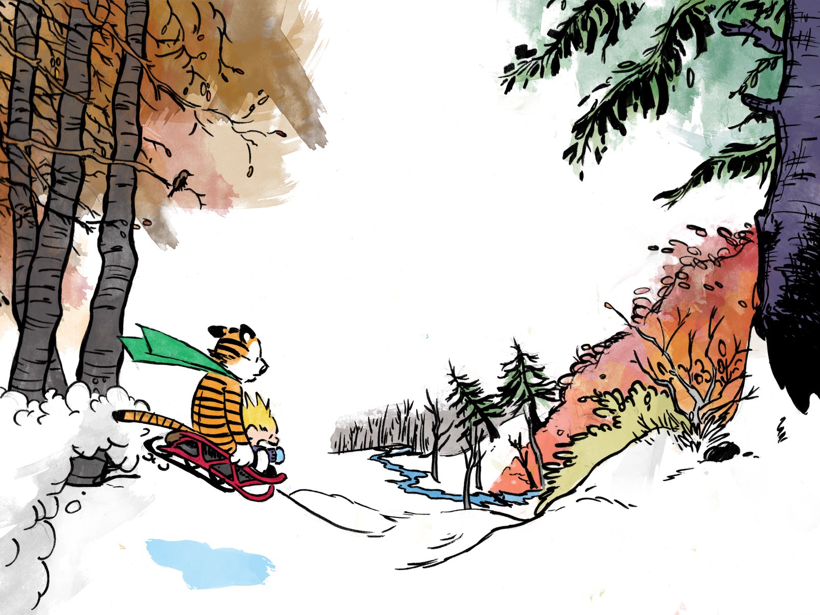Calvin and Hobbes sledding