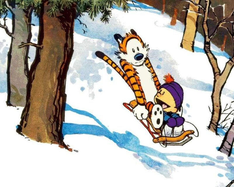Calvin and Hobbes Sledding — White