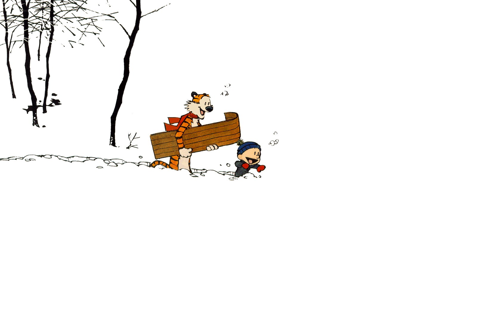 Calvin and Hobbes sledding