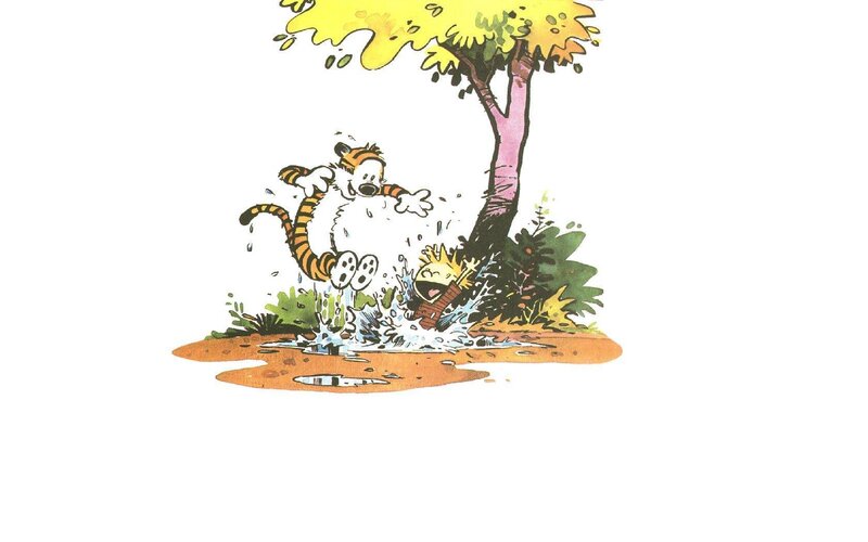 Calvin and Hobbes splashing in puddle
