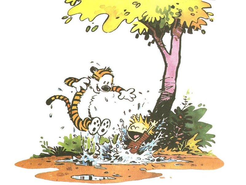 Calvin and Hobbes splashing in puddle