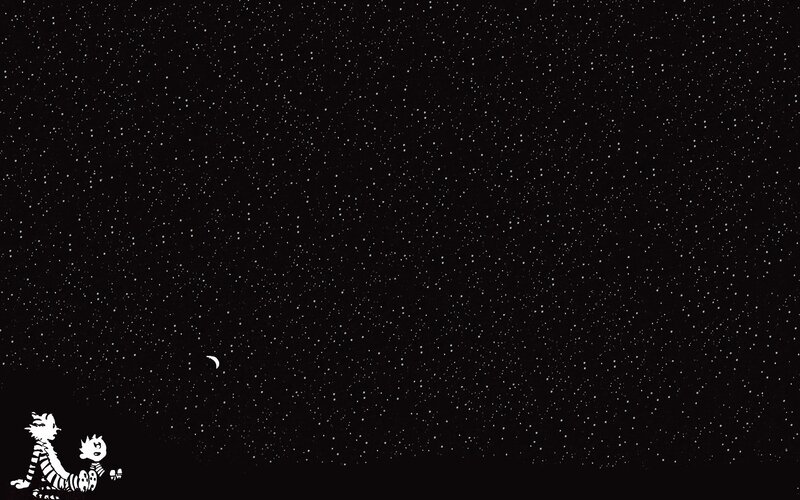 Calvin and Hobbes under Stars — Black, Serene, Night, Comic, Moon, Night Sky, White