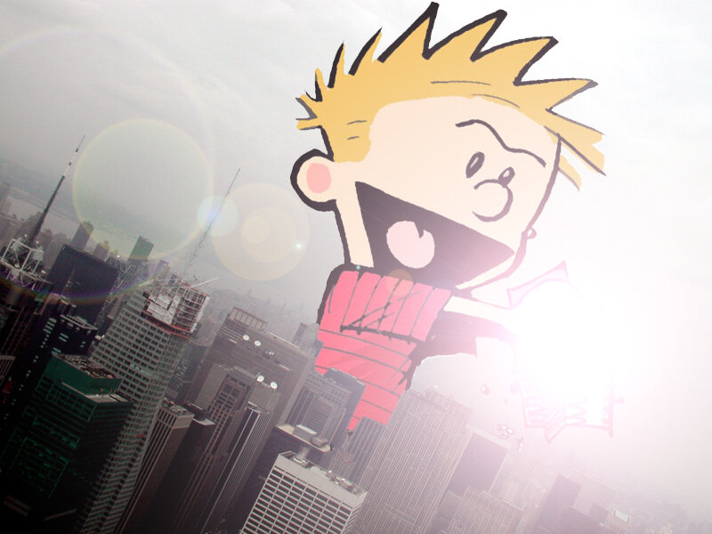 Calvin flying over city