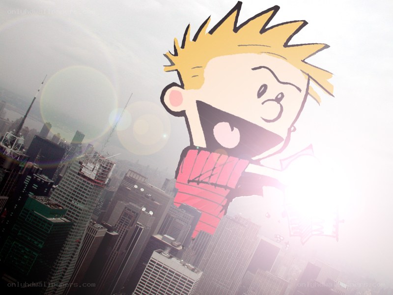 Calvin flying over city