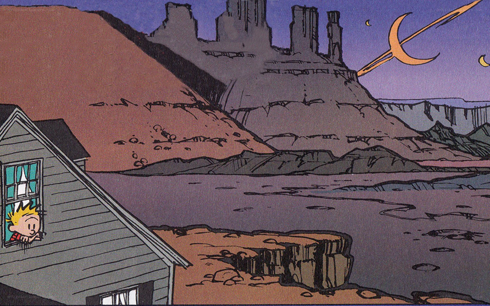 Calvin looks out at alien landscape