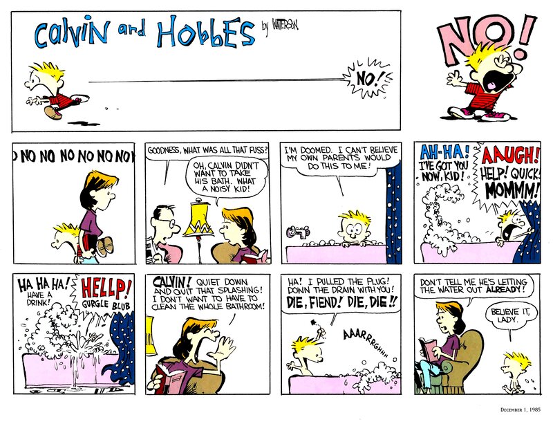 Calvin resists bath time