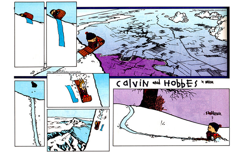 Calvin Sledding Down Hill