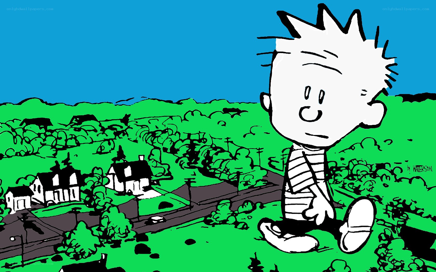 Calvin walking in a suburban landscape
