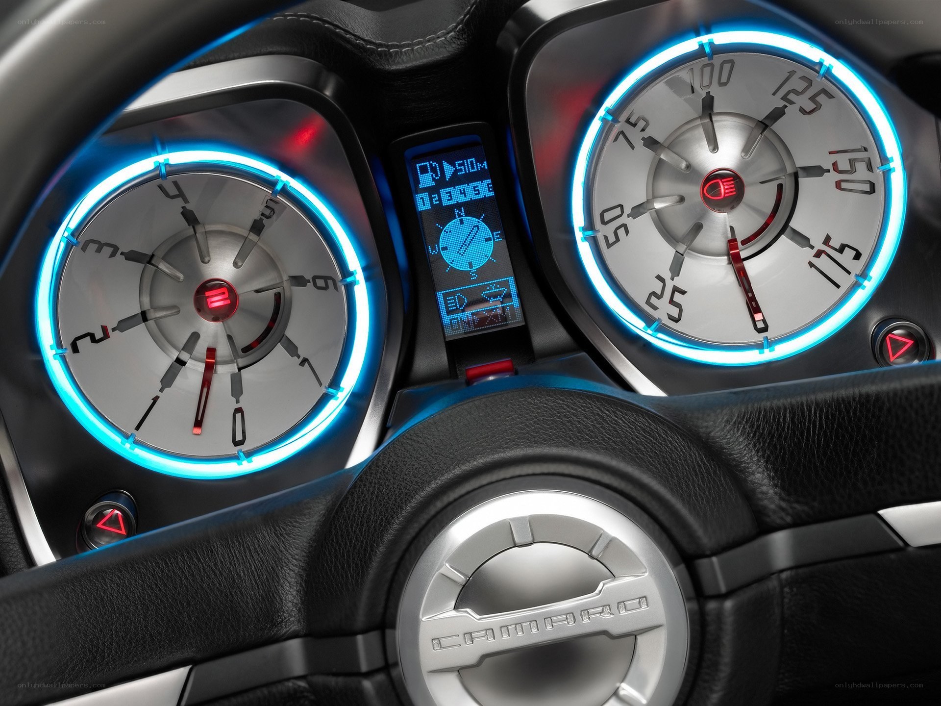 Camaro dashboard with neon gauges