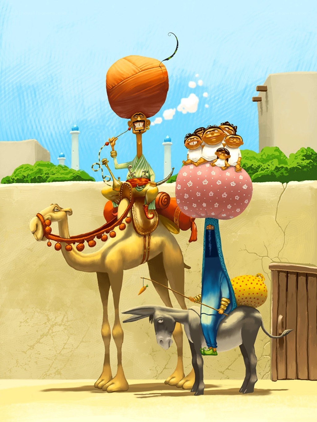Camel and donkey with oversized heads