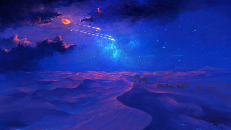 Camel Caravan in Desert — Blue, Dramatic, Night