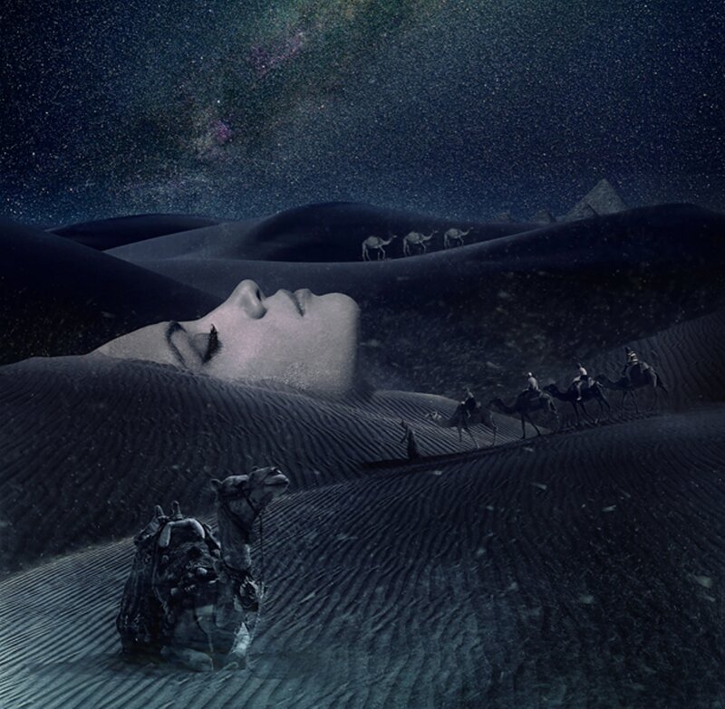 Camel Caravan in Desert — Blue, Dreamy