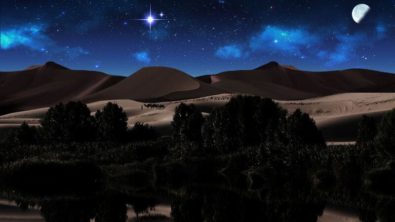 Camel Caravan in Desert — Blue, Serene