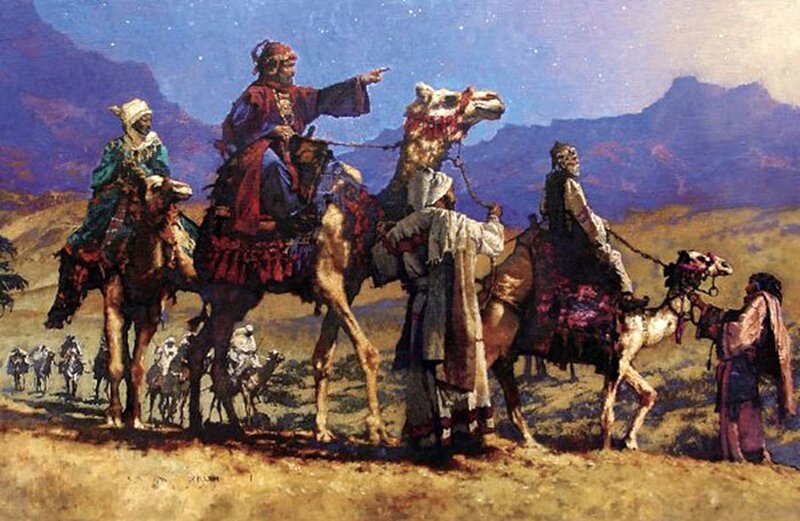 Camel Caravan in Desert — Blue