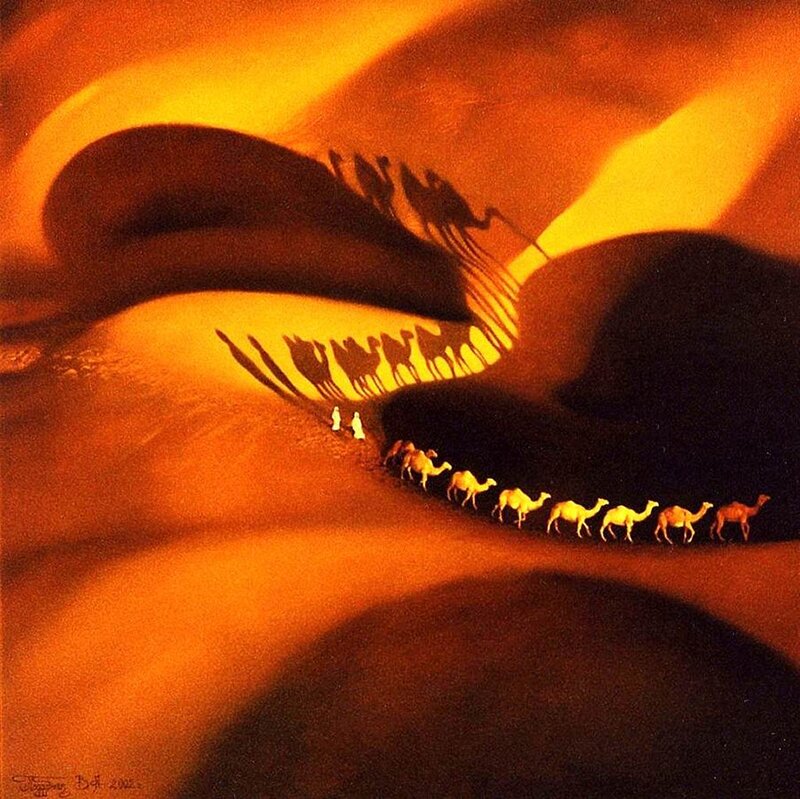 Camel Caravan in Desert — Orange, Dramatic, Sunset, Painting