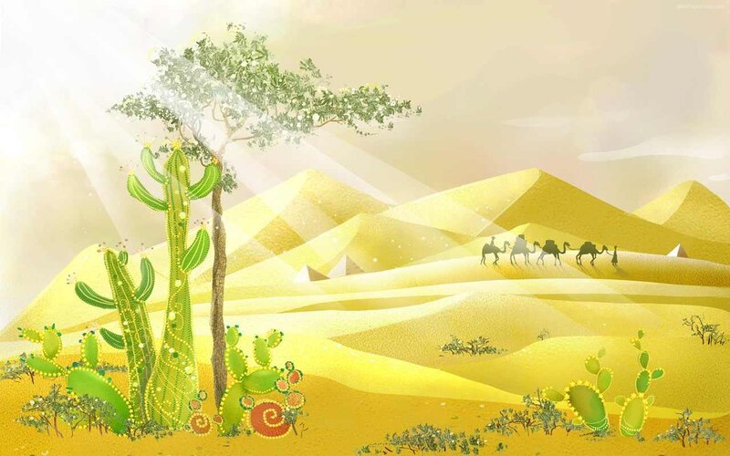 Camel Caravan in Desert — Yellow, Serene