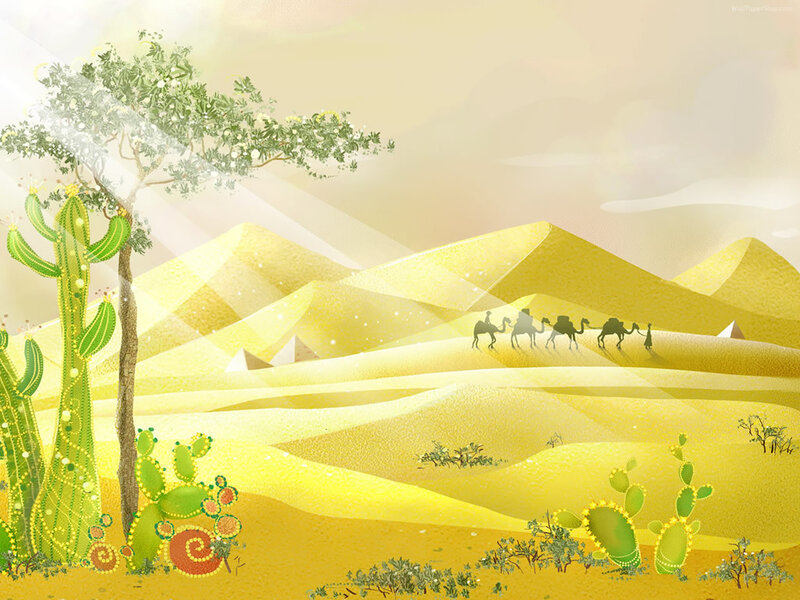 Camel Caravan in Desert — Yellow