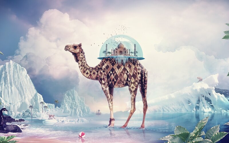 Camel with Globe on Back — Blue, Surreal, Digital Art