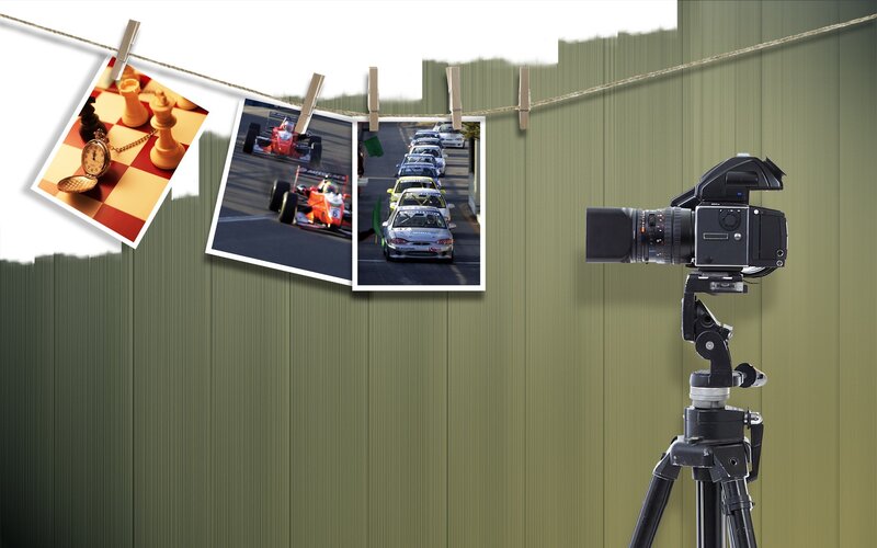 camera and photos on a string