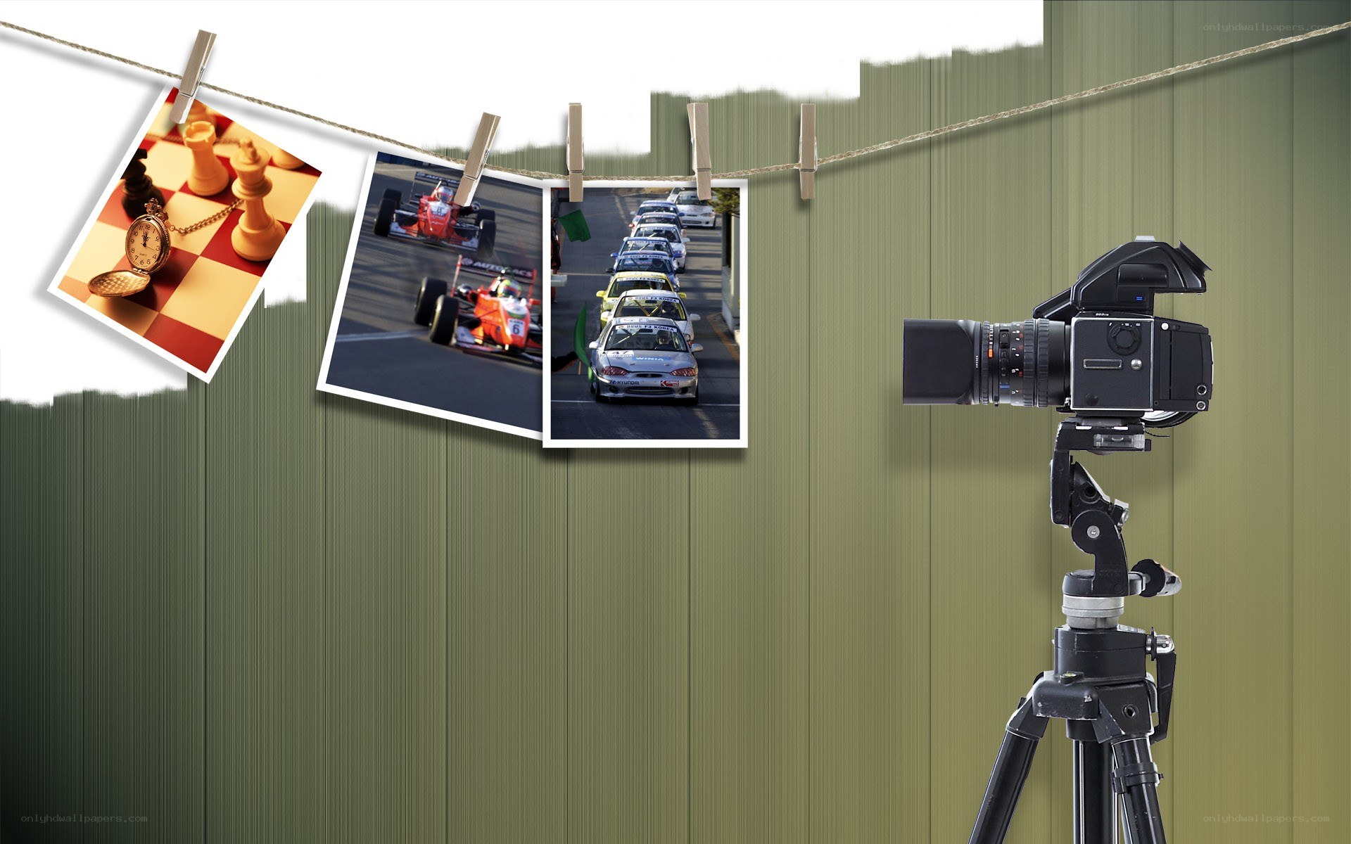 camera and photos on a string
