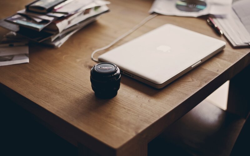 Camera Lens on Desk — Brown, Calm