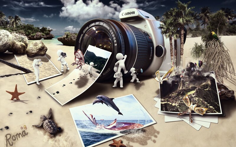 Camera on Beach with Photos — Beige, Dreamy