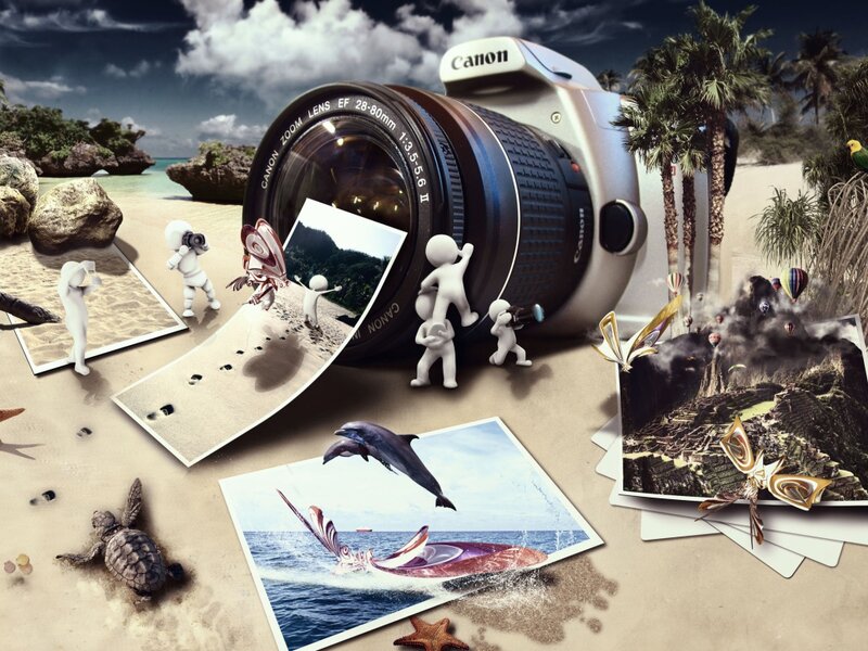 Camera on Beach with Photos