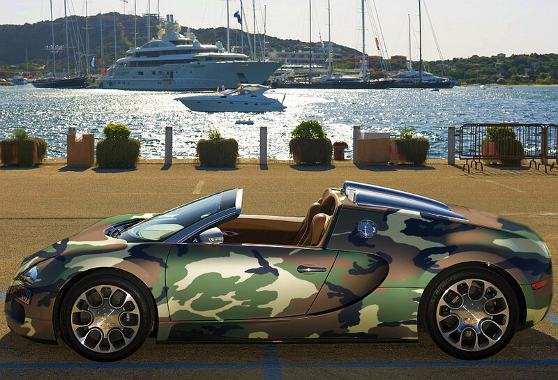 camouflage bugatti on the waterfront