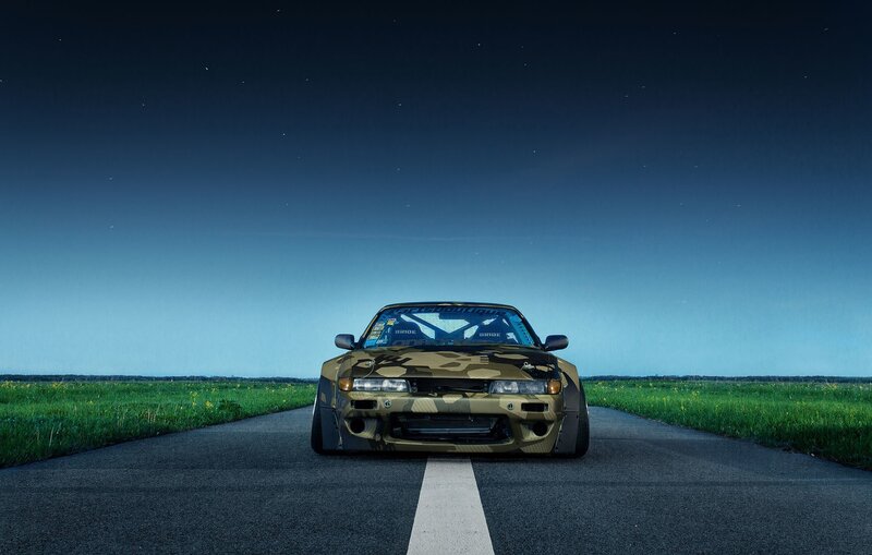 Camouflage Car on Road — Black, Dramatic