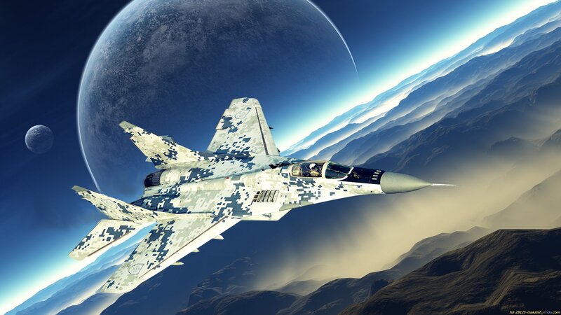 Camouflage Fighter Jet — Blue, Dramatic, Digital Art