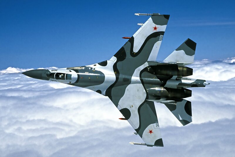 Camouflage Fighter Jet — Blue, Dramatic, Photograph