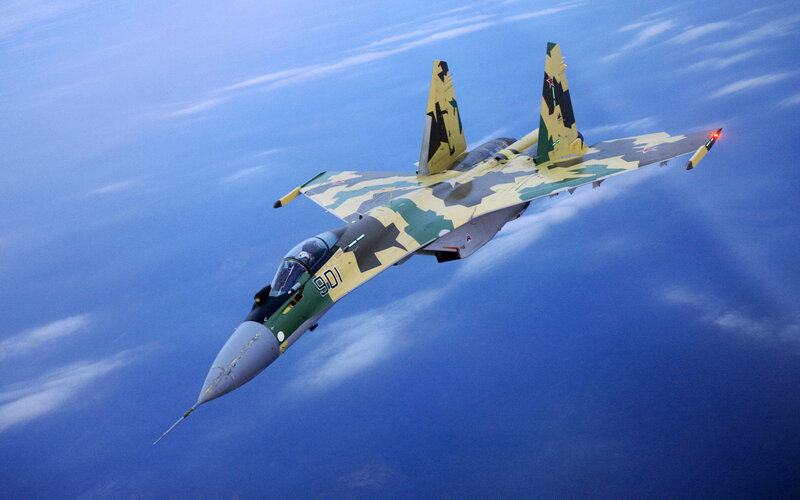 Camouflage Fighter Jet — Blue, Dynamic, Photograph, Sky, Clouds